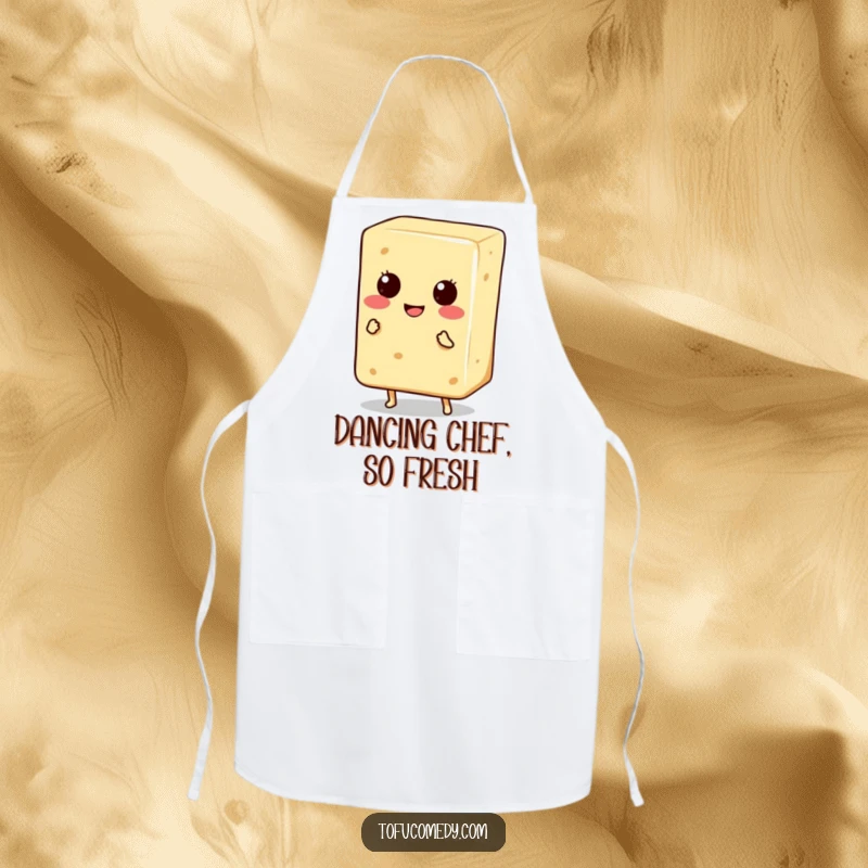 Funny Apron: A smiling tofu block with tiny legs doing a happy dance, perfect for adding fun to kitchen tasks.