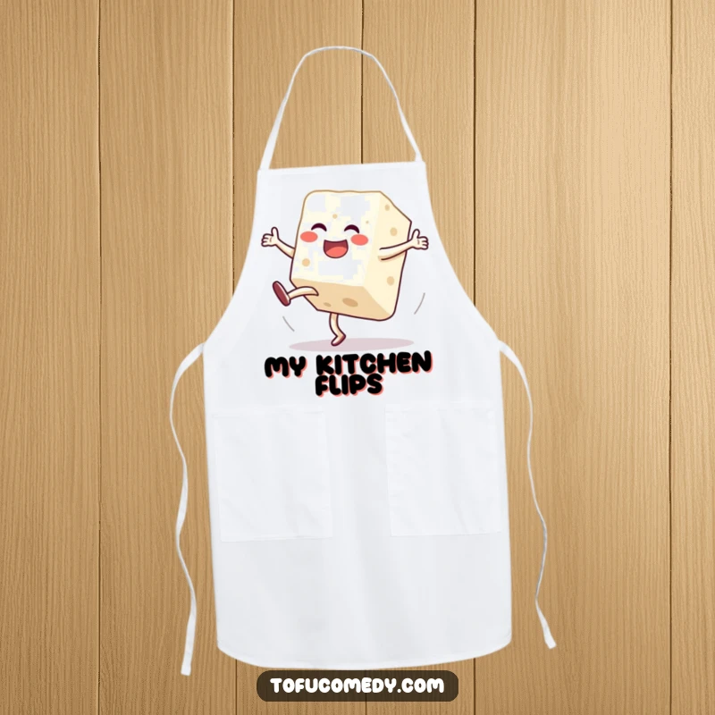 Funny apron featuring a jubilant anthropomorphic tofu block caught mid-clumsy cartwheel, perfect for kitchen humor.