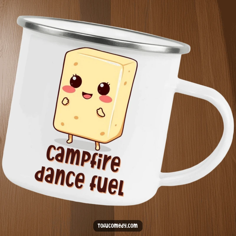 Funny Camping Mug: A smiling tofu block with tiny legs dancing, perfect for enjoying beverages on the go.