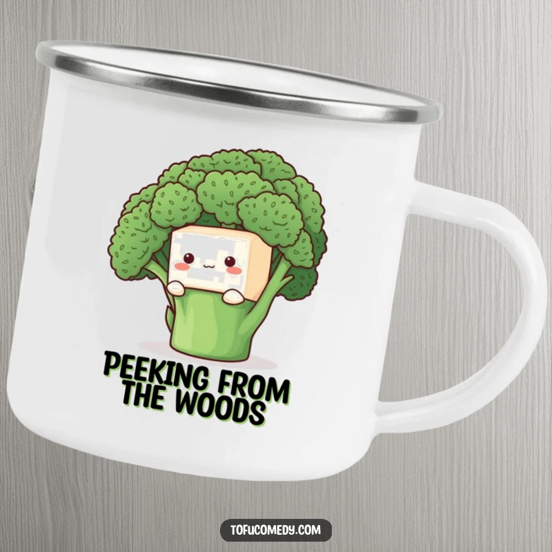Funny Camping Mug: A shy tofu cube peeking from behind broccoli on an enamel mug, perfect for gentle outdoor moments.