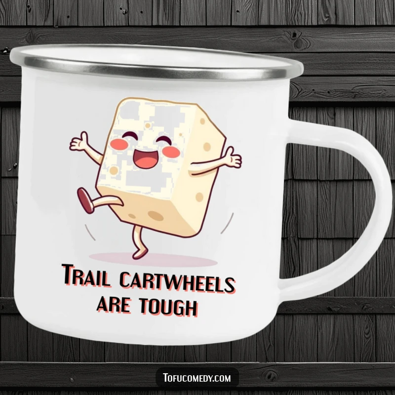 Funny camping mug featuring a jubilant anthropomorphic tofu block doing a clumsy cartwheel, built for outdoor laughs.