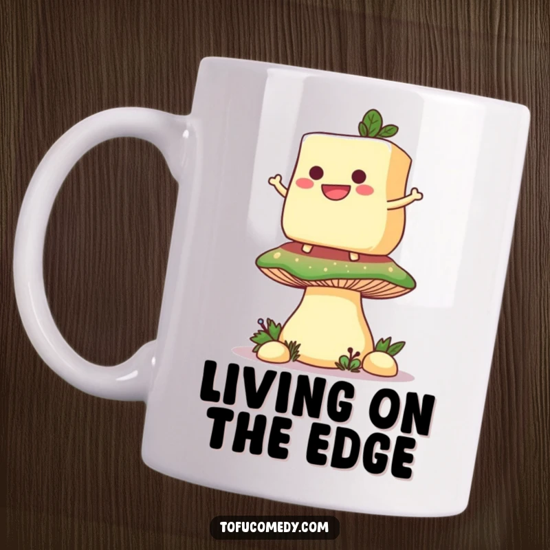 Funny mug with a grinning anthropomorphic tofu slice balancing expertly on a giant mushroom, radiating pure, cheerful fun.