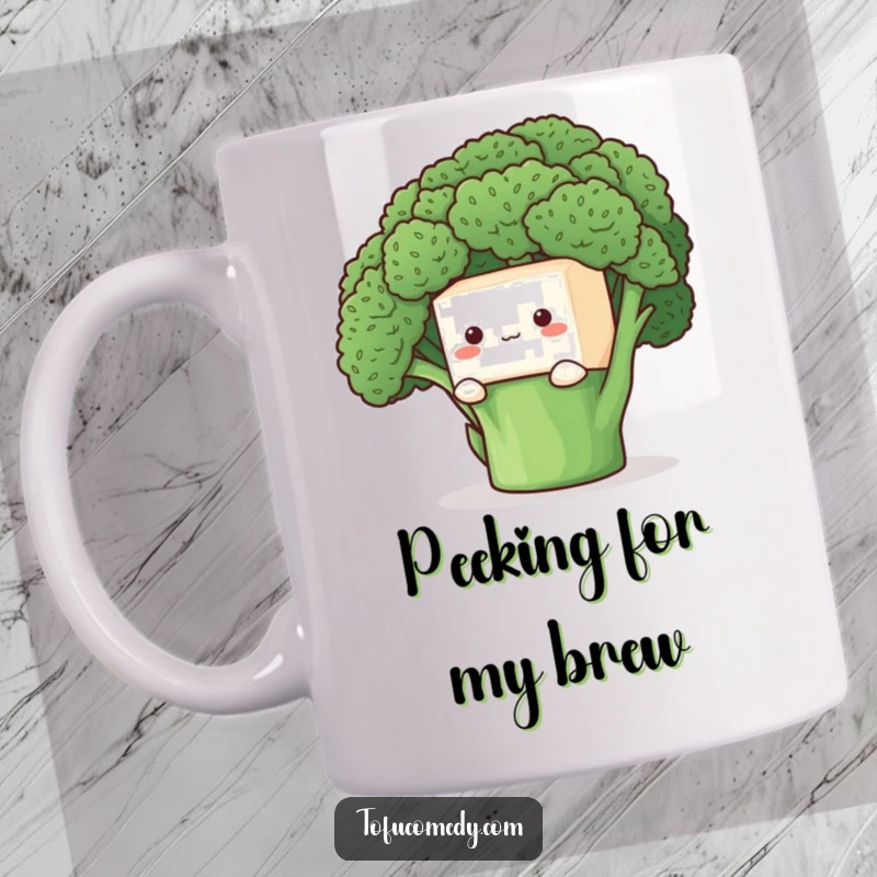 Funny Mug: A shy tofu cube peeking from behind a large broccoli floret, adorable and gentle humor.