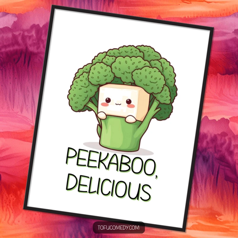 Funny Digital Art Print: A shy tofu cube peeking from behind a large broccoli floret, creating an adorable and heartwarming scene.