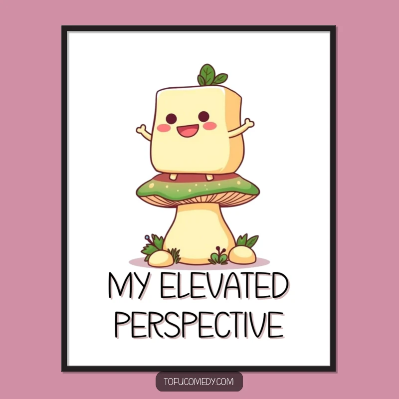 Funny Tofu Mushroom Digital Art: Grinning Slice's Whimsical Balance