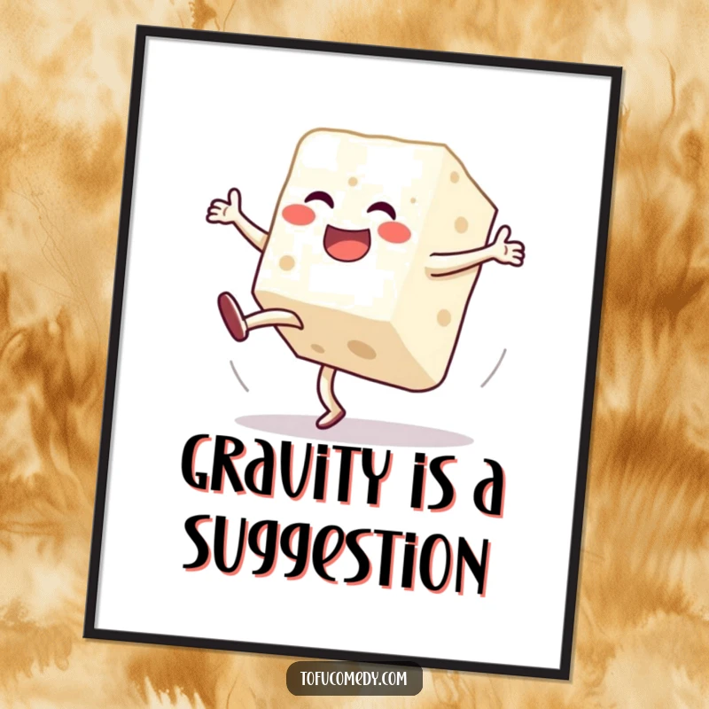 Funny poster print of a jubilant anthropomorphic tofu block performing a clumsy cartwheel, capturing a moment of pure, unadulterated fun.
