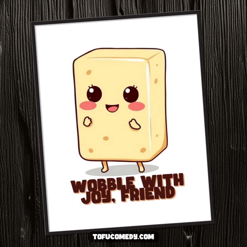 Funny Free Printable Wall Art: A smiling anthropomorphic tofu block with tiny legs doing a hilarious happy dance.