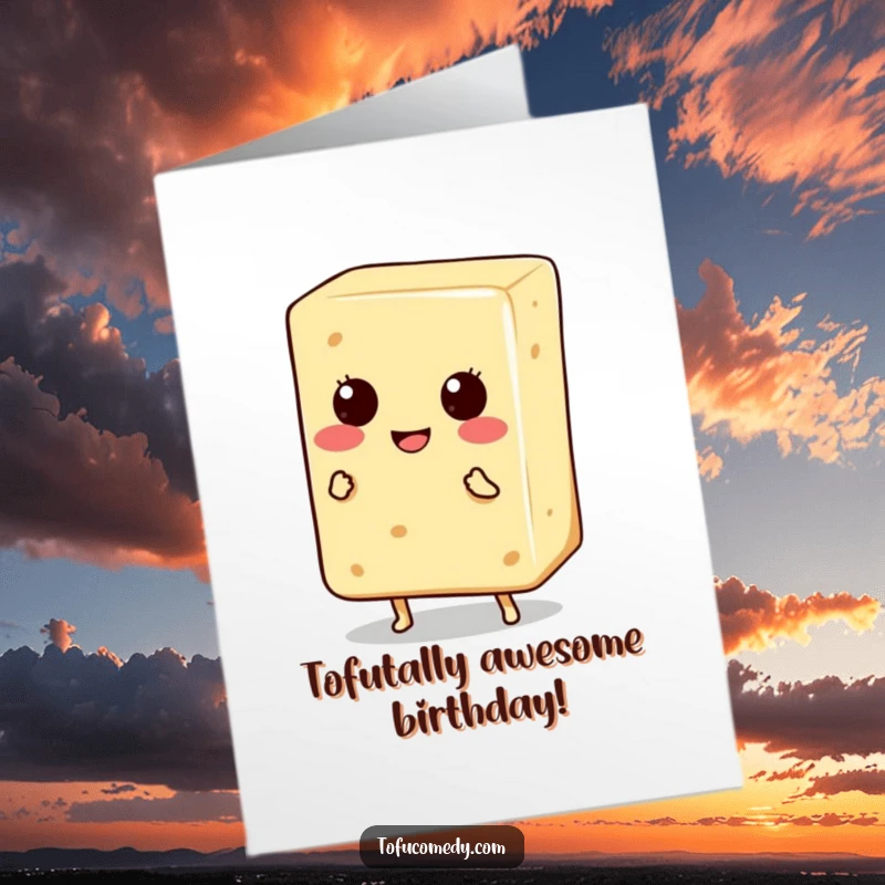 Funny Free Printable Birthday Card: A smiling anthropomorphic tofu block with tiny legs doing a joyful happy dance.