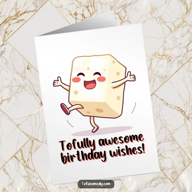 Funny Free Printable Birthday Card: Tofu block doing a wobbly cartwheel, spilling joy and laughter for a special occasion.