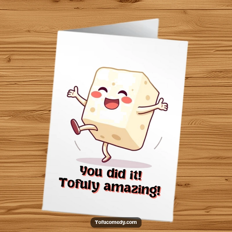 Funny Free Printable Congratulations Card: Tofu block tumbling cartwheel expressing pure, unadulterated celebratory glee for any success.