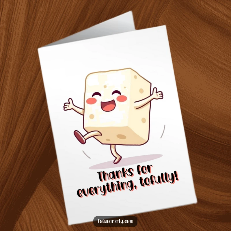 Funny Free Printable Thank You Card: Embarrassed yet happy tofu block cartwheeling, sending thanks with a splash of humor.