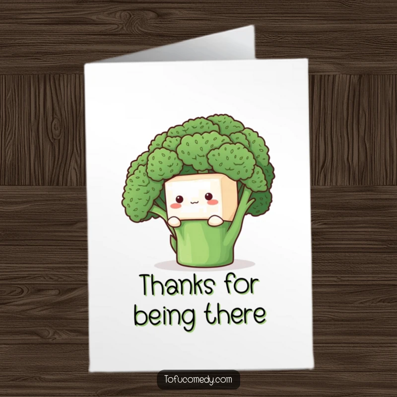 Funny Free Printable Thank You Card: A shy anthropomorphic tofu cube peeking shyly from behind a large broccoli floret.