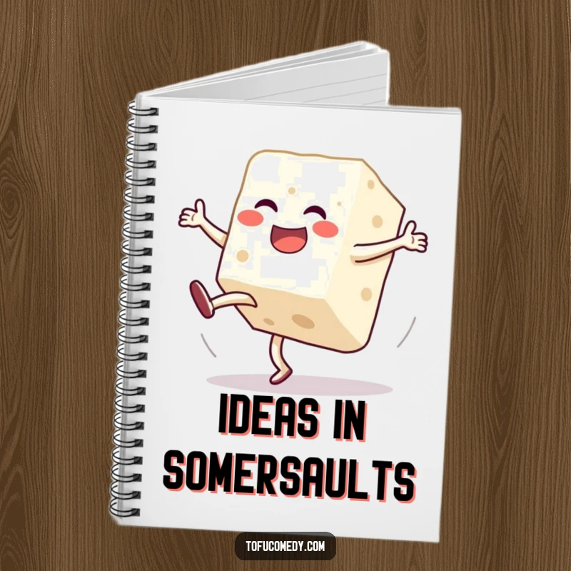 Funny notebook with a jubilant anthropomorphic tofu block performing a clumsy cartwheel on the cover, inspiring creative and humorous notes.