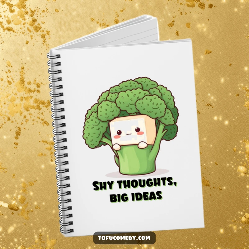 Funny Notebook: A shy tofu cube peeking from behind broccoli, ideal for jotting down quiet thoughts and ideas.