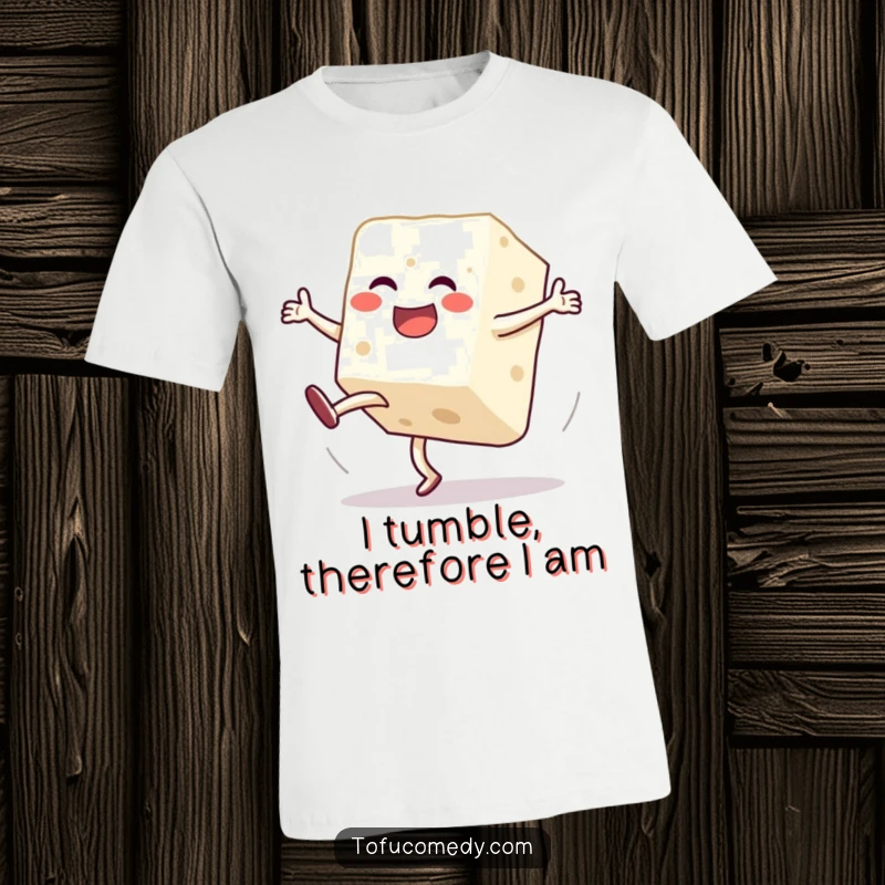 Funny t-shirt design of a jubilant anthropomorphic tofu block attempting a hilarious and very clumsy cartwheel, full of personality.