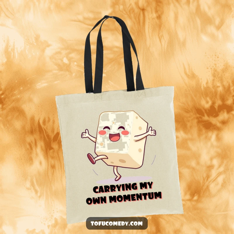 Funny tote bag featuring a jubilant anthropomorphic tofu block in mid-clumsy cartwheel, making a statement of joyful silliness.