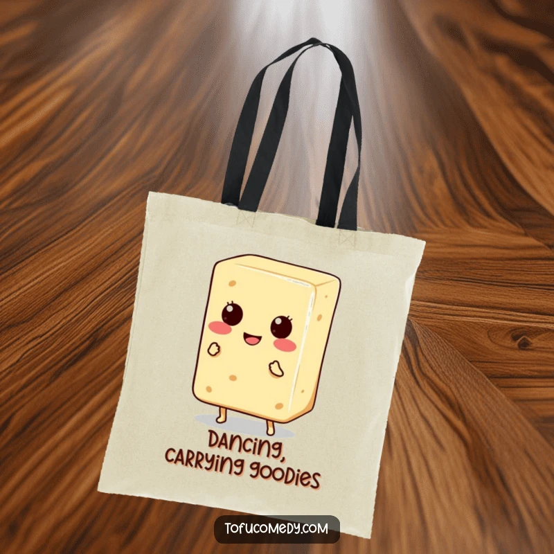 Funny Tote Bag: A smiling tofu block with tiny legs dancing happily, perfect for carrying essentials with a dose of fun.