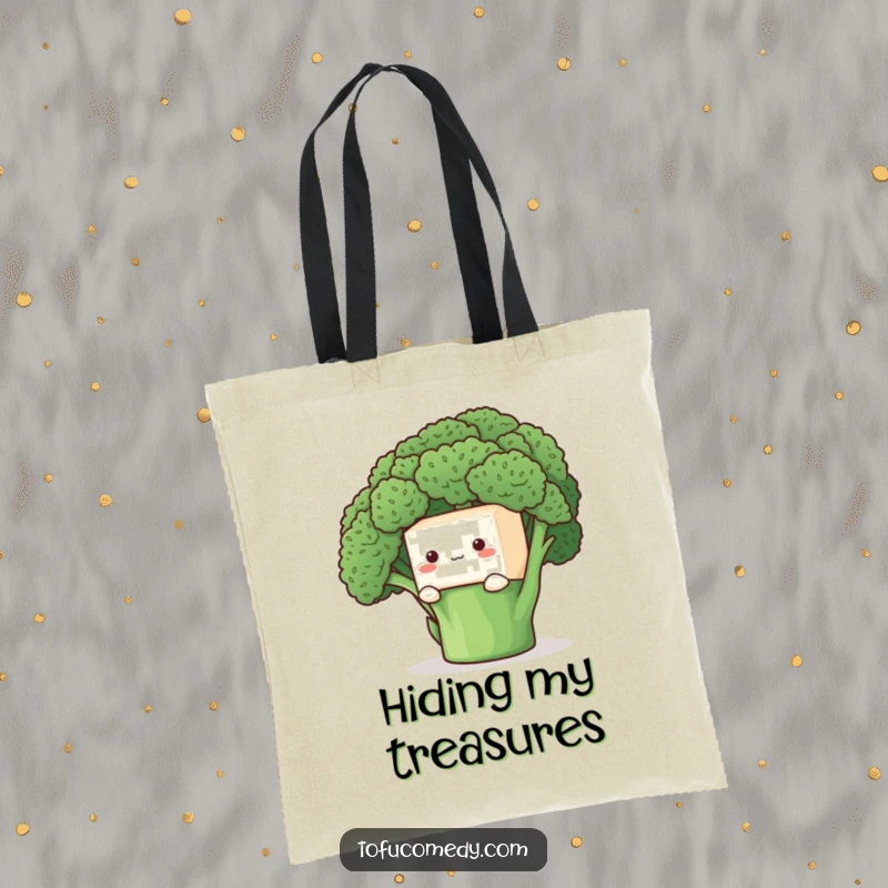 Funny Tote Bag: A shy tofu cube peeking from behind a large broccoli floret, perfect for carrying items discreetly.